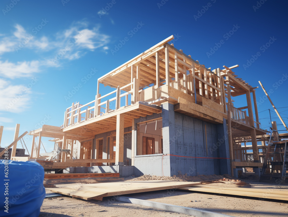 Construction of a new house on the background of the blue sky. Using wood frame and scaffolding as temporary support.
Construction of a new house on the background of the blue sky. Using wood frame and scaffolding as temporary support.