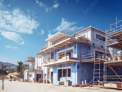 Construction of a new house on the background of the blue sky. Using wood frame and scaffolding as temporary support.  © Aisyaqilumar