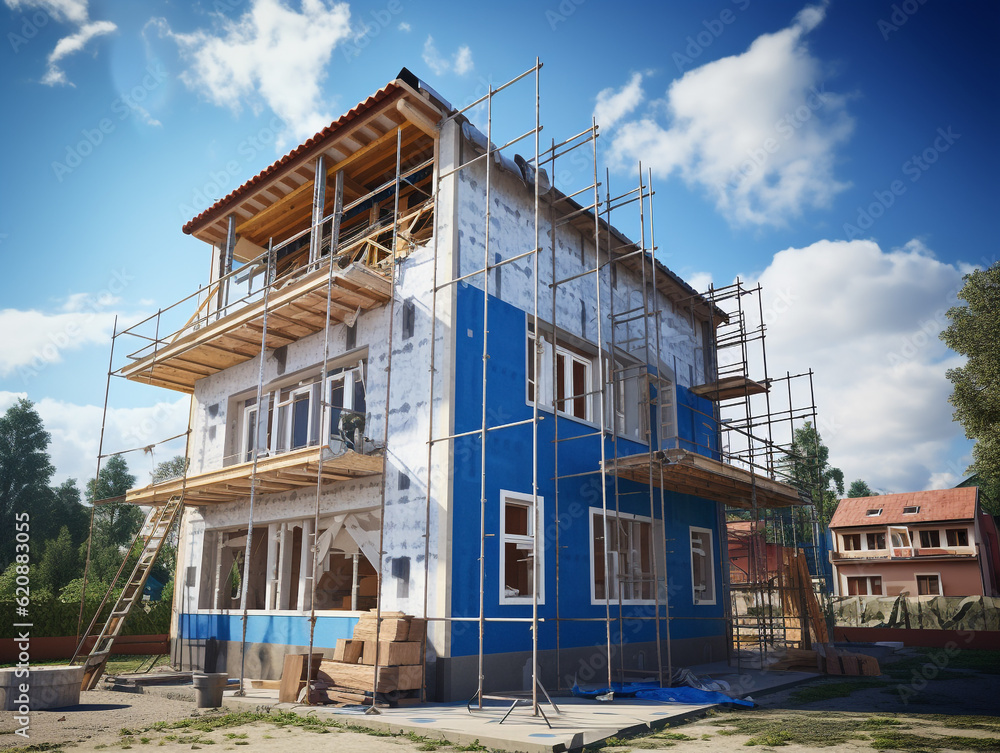 Construction of a new house on the background of the blue sky. Using wood frame and scaffolding as temporary support.
Construction of a new house on the background of the blue sky. Using wood frame and scaffolding as temporary support.