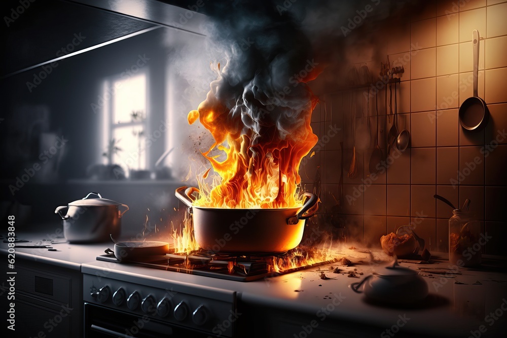 A fire in the kitchen. The stove and boiler are on fire. A huge open flame. Great for safety, fire protection, training concept. Generative AI A fire in the kitchen. The stove and boiler are on fire. A huge open flame. Great for safety, fire protection, training concept. Generative AI