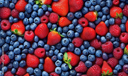  a bunch of berries and strawberries are arranged together in a pattern.  generative ai