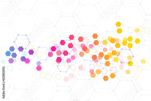 Vector Structure Molecule Graphic. Science Digital Communication.  Pattern Hexagonal Structure for Dna, Atom, Neurons. Abstract Chemistry Combination for Cover, Banner, Poster, Web, Flyers, Postcards.