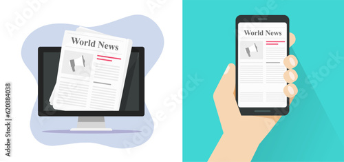 Magazine article news in newspaper online virtual digital electronic vector set, press newsletter read on computer pc and mobile cell phone app graphic, smartphone publication image
