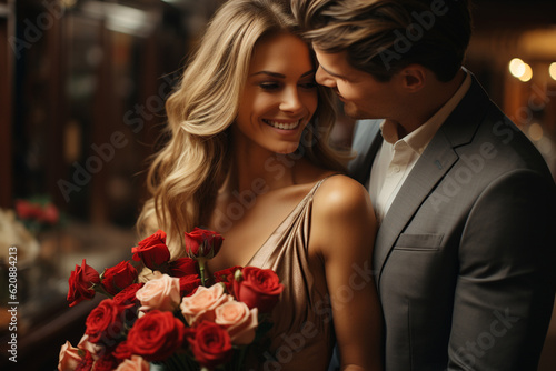 Romantic couple with bouquet. Generative Ai. 