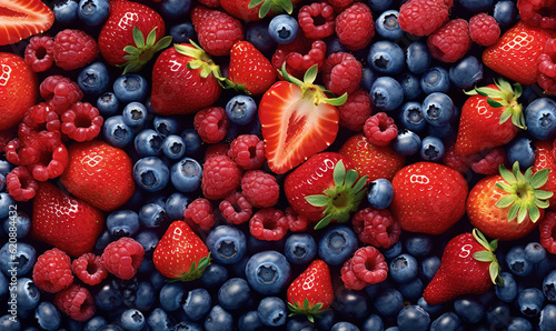  a bunch of berries and strawberries are arranged in a pattern.  generative ai