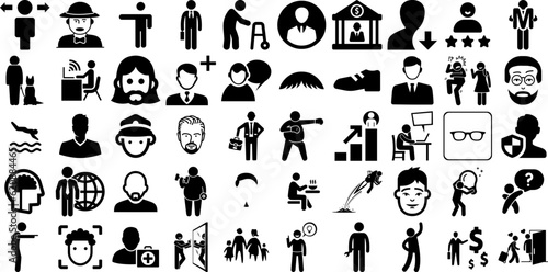 Mega Collection Of Man Icons Bundle Hand-Drawn Solid Cartoon Clip Art Silhouette, Workwear, Profile, Carrying Signs Isolated On White Background