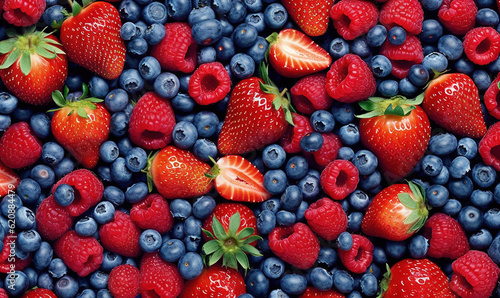  a bunch of strawberries and blueberries are arranged together. generative ai