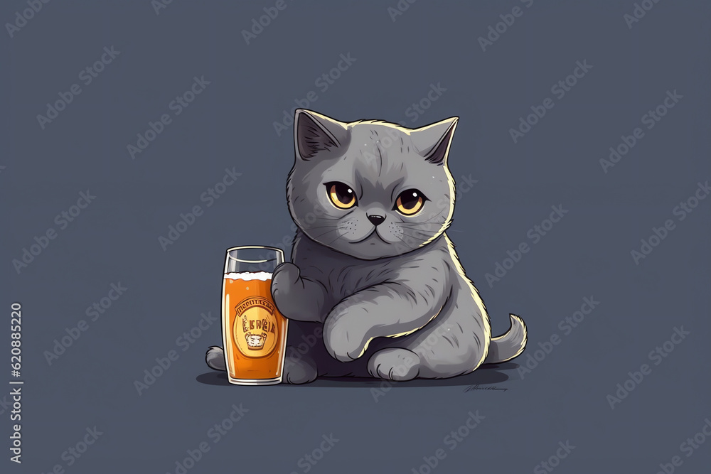 Cartoon British Shorthair cat chibi drinking beer, illustration ...