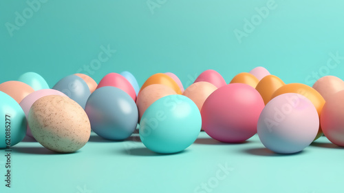 Colorful Easter eggs on pastel blue background. Creative design. 3d rendering, design concept, copy space, free space for text, AI Generated.
