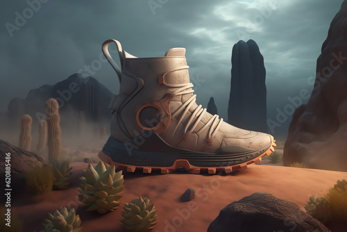 A pair of brown sneakers sitting next to some rocks, in the style of surrealist-inspired elements, light amber and emerald, smokey background, industrial and product design, AI Generated.