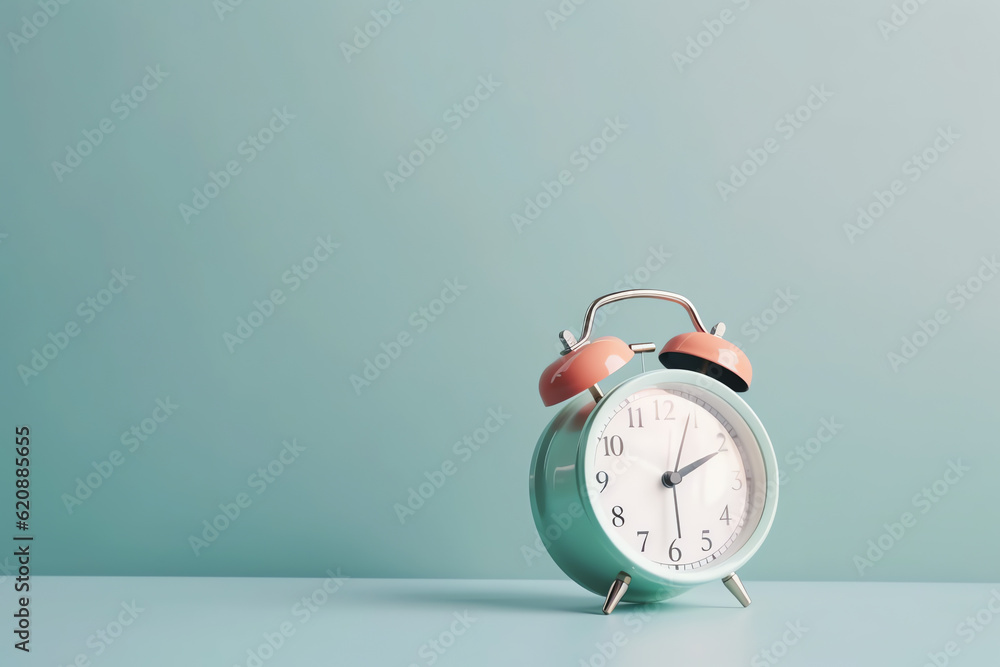 Pastel colored alarm clock on light blue background with copy space, free space for text, AI generated Pastel colored alarm clock on light blue background with copy space, free space for text, AI generated