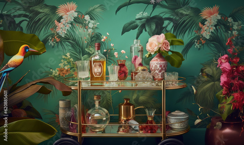  a bar cart filled with bottles of liquor and flowers on a green wall.  generative ai