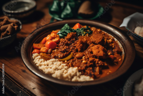 Image of Tibs Ethiopia’s rich and spicy stew. Small cubes of beef are sautéed in butter or oil and then simmered with onions, garlic, chili, and rosem, AI Generated. photo