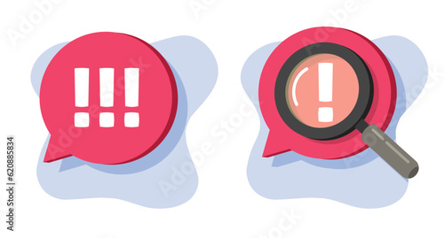 Censorship parental control find identify alert icon vector graphic 3d, magnifying glass searching offensive exclamation mark bubble speech message, rude complain argument image clipart photo