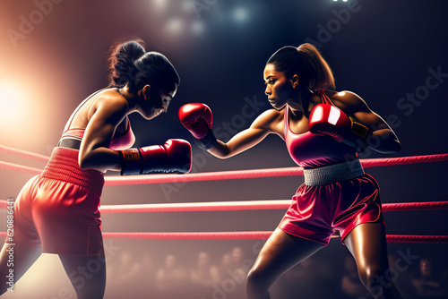 2 Strong boxer girls training sparring on competition. Two young girls in helmets and gloves actively boxing, demonstrating punches and skills. extreme sport. crowd of fans in the ring. Generative ai © Maxim Chuev