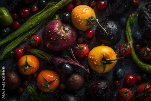 Top view Vegetables  seamless background  visible drops of water  overhead angle  shot using a Hasselblad  color grading  high-end retouching  advertising  AI Generated.