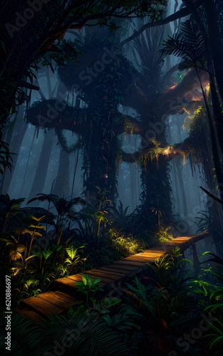 Fantasy dark forest environment surrounded shining light of lamps