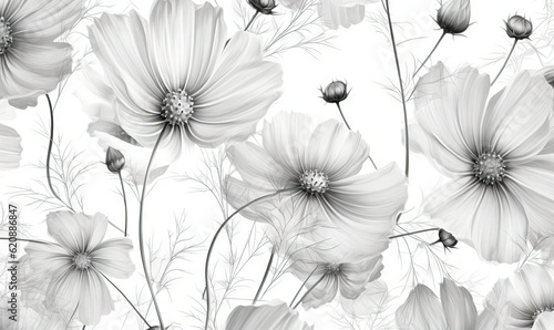  a black and white photo of flowers on a white background.  generative ai