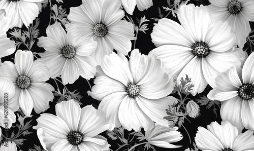  a black and white photo of white flowers on a black background.  generative ai