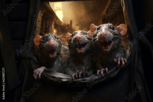 Close-up photo of a three happy rats in a garbage. Rats in the trash. Rodents in the garbage as the main cause of the spread of diseases and epidemics.