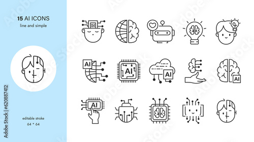 AI and Machine Learning Vector Icons Set. Artificial Intelligence, Neural Networks, Robots, Virtual Assistants, Innovation, Computer Chip, Machine Brains, Cybernetic Implants, Digital Collection.