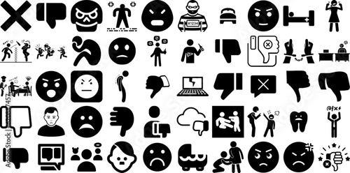 Huge Set Of Bad Icons Bundle Solid Design Symbol Diet, Cancer, Unhealthy, Bat Logotype Isolated On Transparent Background