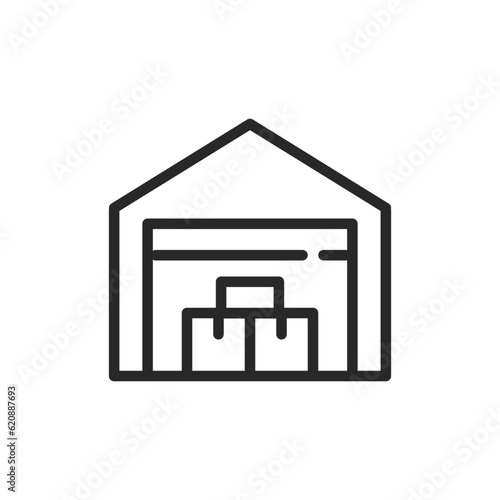 Warehouse Icon. Vector Linear Editable Sign of Warehouse with Stacked Boxes Symbolizing Goods Storage, Logistics center, and Inventory Management.