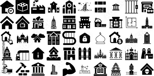 Huge Set Of Building Icons Pack Black Concept Pictograms Heavy, Contractor, Church, Silhouette Symbols Isolated On Transparent Background