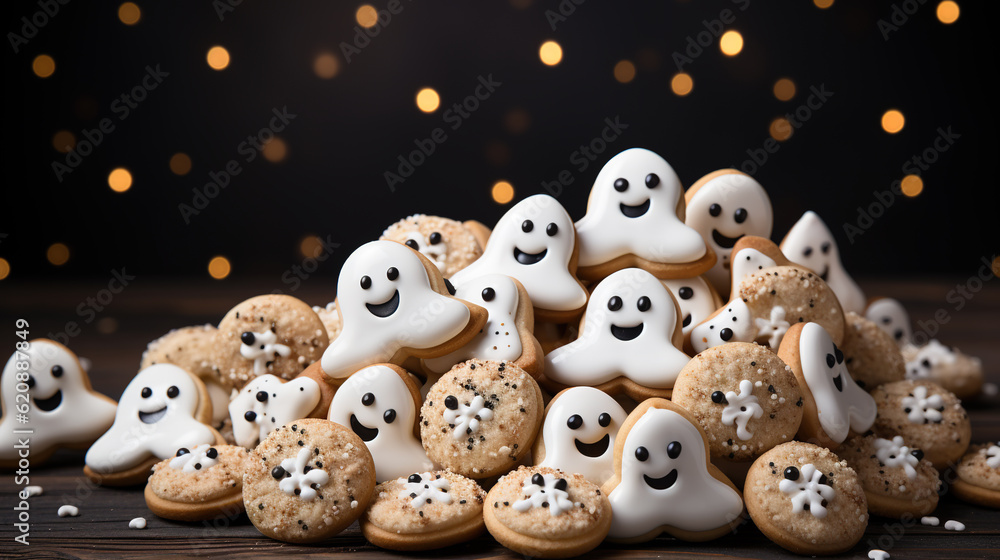 Halloween-themed cookies in the shape of ghosts. A bunch of pretty holiday gingerbread on a dark background with blurry bokeh lights. Generative Ai.