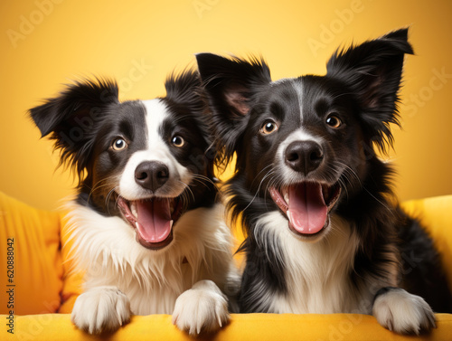 In a funny studio portrait, a cute smiling puppy dog, a new lovely member of the family, a Border Collie, is isolated on a yellow background. Generative AI. photo