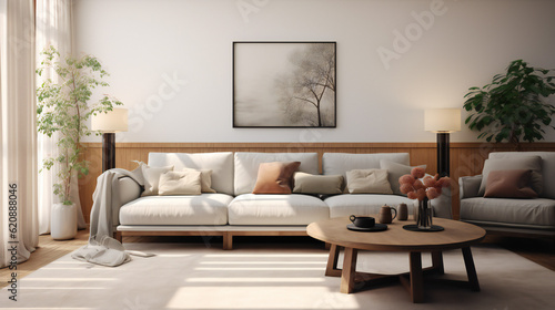 Stylish Living Room Interior with an Abstract Frame Poster, Modern interior design, 3D render, 3D illustration © Roman P.