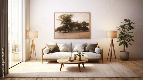 Stylish Living Room Interior with an Abstract Frame Poster  Modern interior design  3D render  3D illustration