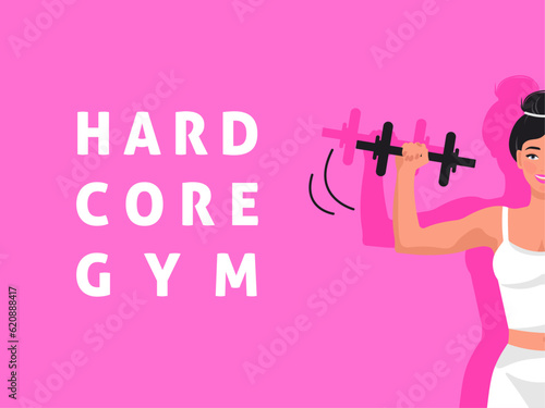 Fitness girl in gym, barbells dumbbells fitness, crossfit logo