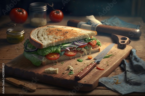 Sprinkle spices on the sandwich. Delicious sandwich with healthy tomatoes, lettuce, basil and dressing. A great meal for vegans.    Generative AI