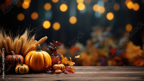 Autumn background. apples, pumpkin, apples of paradise. Generative Ai © hassanmim2021