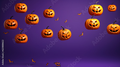 Halloween 3D background. Flying Halloween pumpkins on a purple background. Generative Ai.