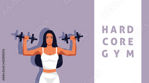 Fitness girl in gym, barbells dumbbells fitness, crossfit logo