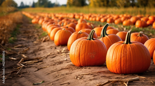 Pumpkin patch with rows of orange pumpkins ready for carving. Ripe pumpkins in a farmer s field. Generative Ai.