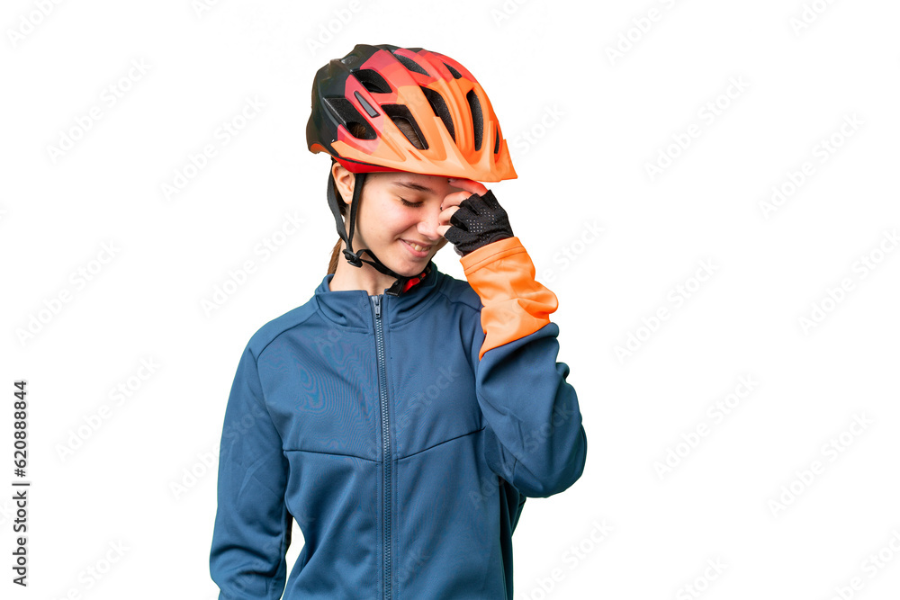 Teenager cyclist girl over isolated chroma key background laughing - obrazy, fototapety, plakaty 