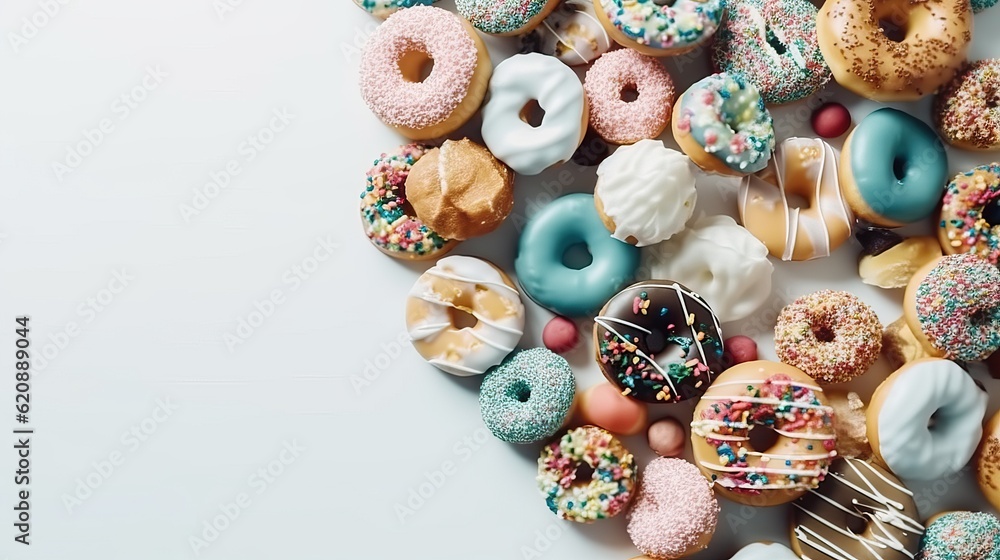 Colorful, delicious donuts served on the light blue background. Great for birthday, holiday, greeting, children's concept. Space for text, copy space. 