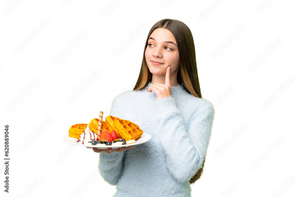 Teenager girl holding waffles over isolated chroma key background thinking an idea while looking up Teenager girl holding waffles over isolated chroma key background thinking an idea while looking up