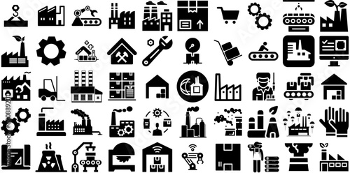 Mega Collection Of Factory Icons Collection Black Infographic Symbols Symbol, Manufacturing, Tool, Icon Pictograph Vector Illustration
