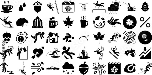 Big Collection Of Fall Icons Collection Flat Vector Silhouette Symbol, Mushroom, Autumn, Icon Pictogram Isolated On White Background