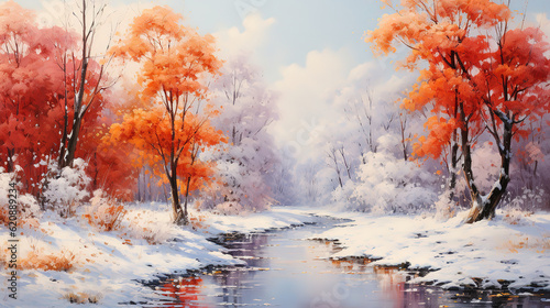 First snow in the autumn, Bright color. Generative Ai © hassanmim2021