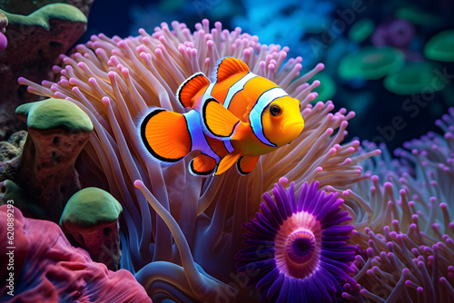 vibrant clownfish swimming in coral reef sea photo