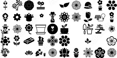 Big Collection Of Flower Icons Bundle Hand-Drawn Black Drawing Signs Drawn, Princess, Silhouette, Mark Pictograph Isolated On White Background photo