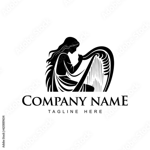 Logo of a woman playing the harph, silhouette, black and white, vintage design template vector illustration