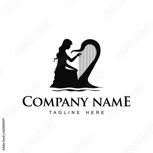 Logo of a sitting woman playing the harp, silhouette, black and white, vintage design template vector illustration
