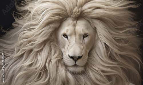  a white lion with long hair on its face and eyes. generative ai