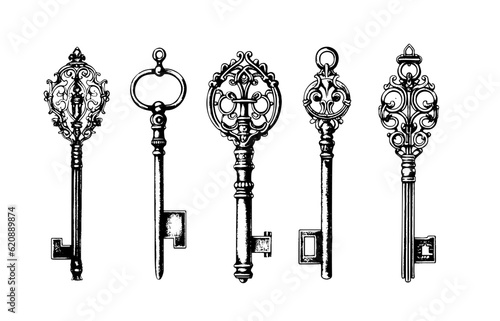 Victorian key collection vintage illustration. Medieval Gothic locks set. Vector keys in engraving